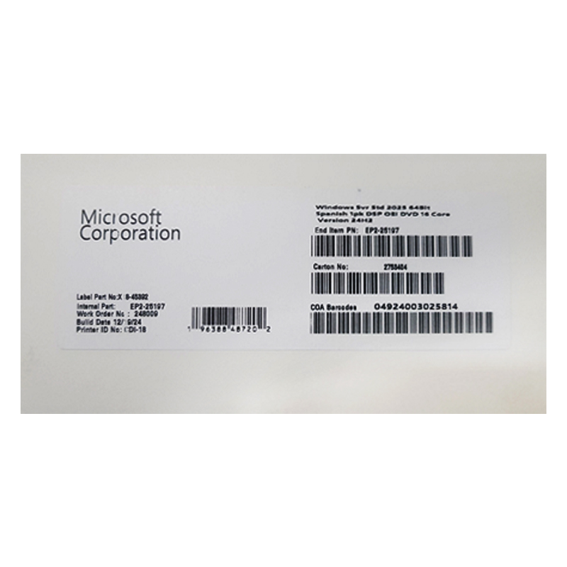Windows Server 2025 Standard · 64 bits · 16 núcleos · Español OEM